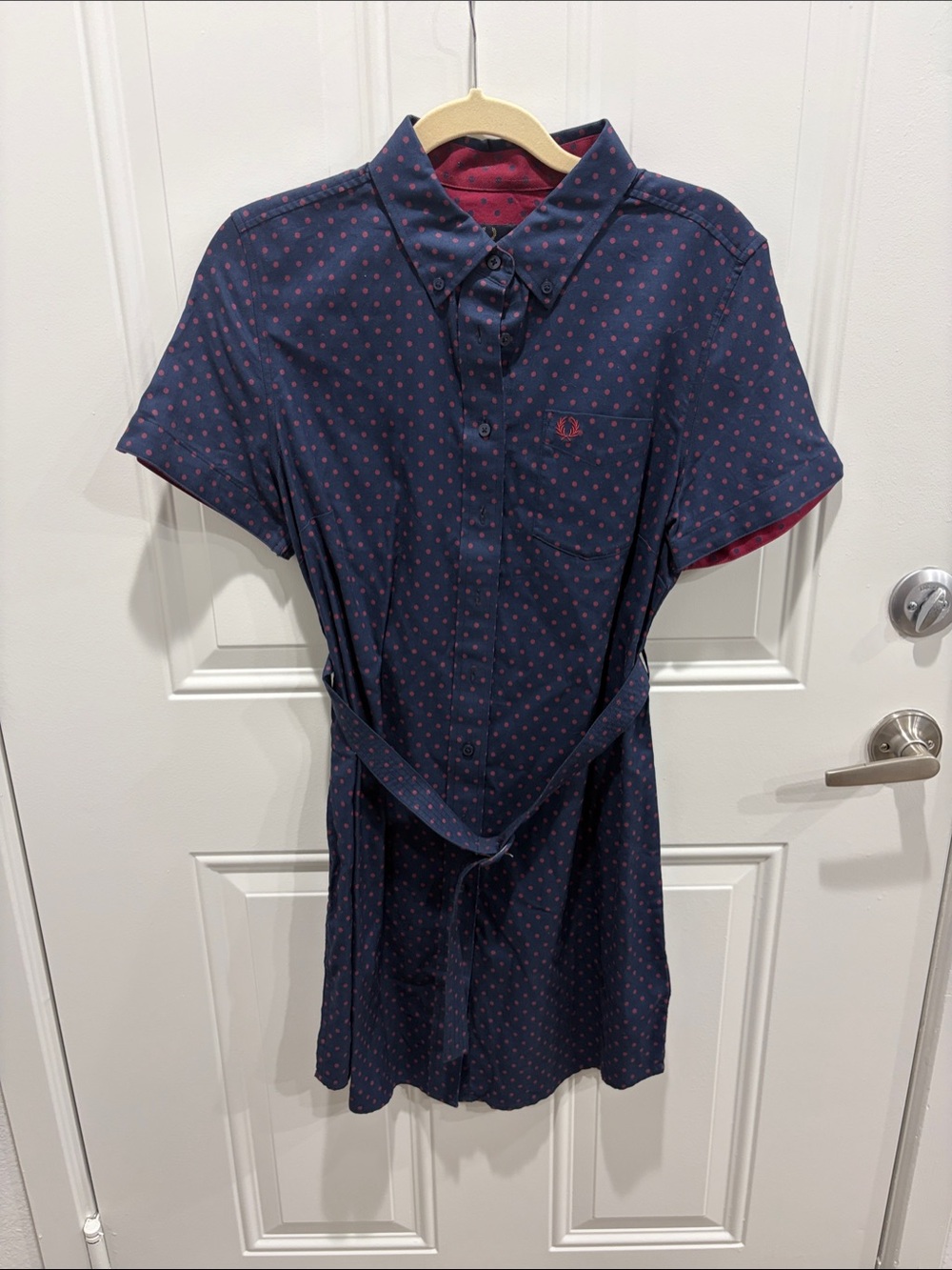Fred Perry Navy Mini Shirt Dress with Res Polka Dots US 10